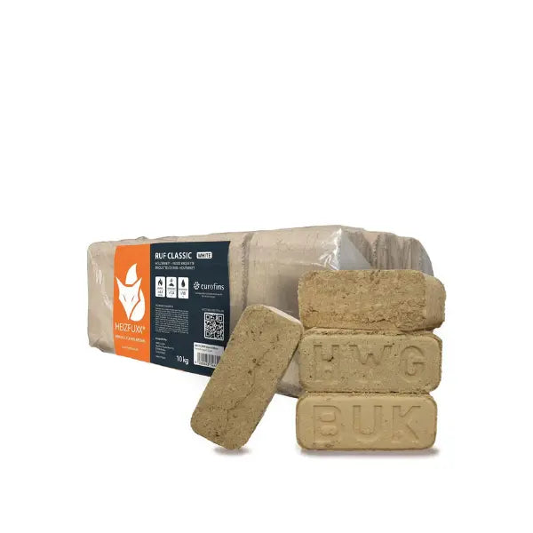 Heizfuxx RUF Classic White Holzbriketts 960 kg Palette 96x10 kg Weißholz RUF-Form Heizwert ≥4,8 kWh/kg