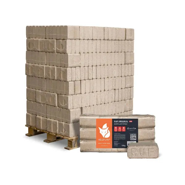 Heizfuxx RUF Holzbriketts Hartholz 960 kg Palette (96×10 kg) Heizwert ≥4,8 kWh/kg Kaminbriketts RUF-Form