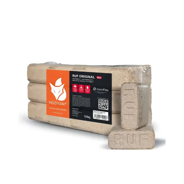 Heizfuxx RUF Holzbriketts Hartholz 960 kg Palette (96×10 kg) Heizwert ≥4,8 kWh/kg Kaminbriketts RUF-Form